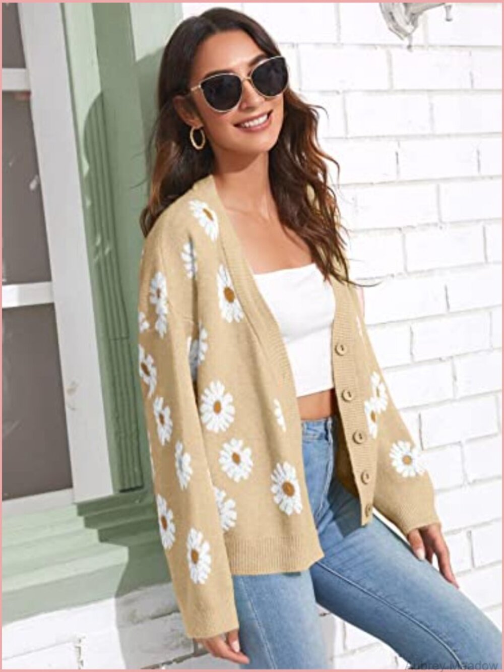 Womens Floral Cardigan Long Sleeve V Neck Open Front Chunky Knit Oversized - Picture 3 of 5